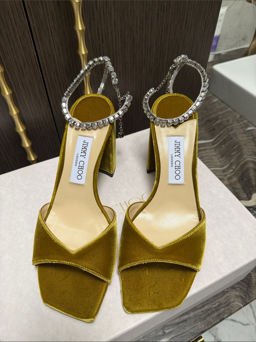 Jimmy Choo Olive Velvet Block Heel Saeda Embellished Sandals NEW - Picture 13 of 17